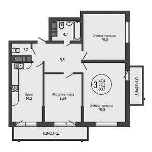 3 комнатная 80.3м²