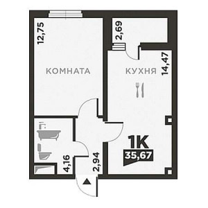 1 комнатная 35.67м²