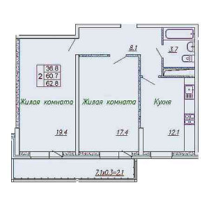 2 комнатная 62.8м²