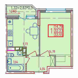 1 комнатная 33.55м²