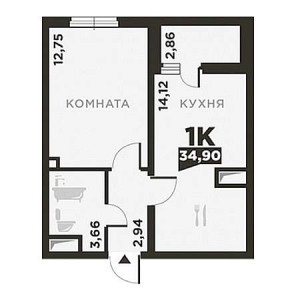 1 комнатная 34.9м²