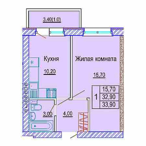 1 комнатная 33.9м²