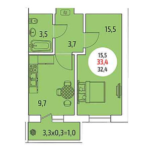 1 комнатная 33.4м²