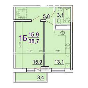 1 комнатная 38.7м²