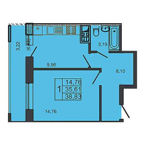 1 комнатная 38.83м²