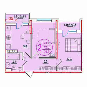 2 комнатная 44.4м²