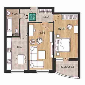 2 комнатная 63.45м²