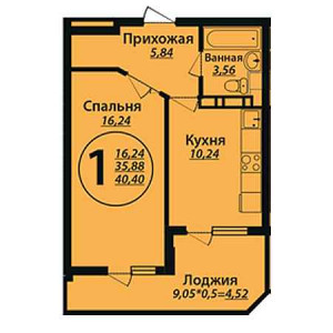 1 комнатная 40.4м²