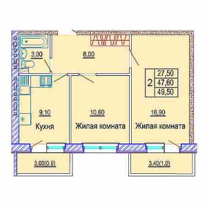 2 комнатная 49.5м²