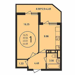 1 комнатная 44.48м²