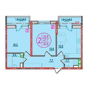 2 комнатная 50.9м²