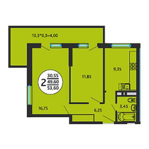 2 комнатная 53.6м²