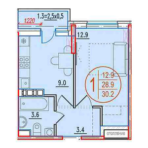 1 комнатная 30.2м²