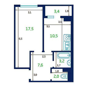 1 комнатная 42.5м²