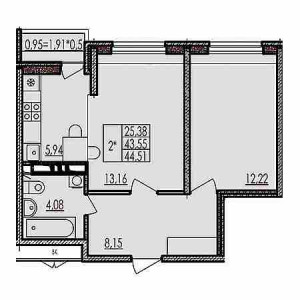 2 комнатная 44.51м²