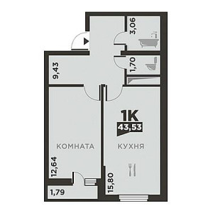 1 комнатная 43.53м²