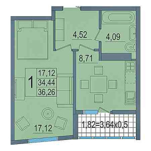 1 комнатная 36.26м²