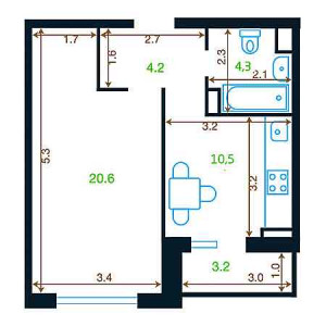 1 комнатная 41.2м²