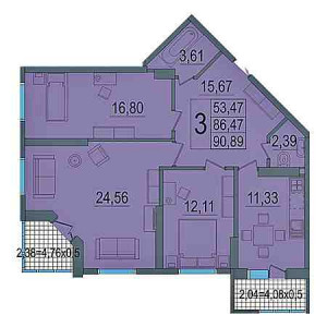 3 комнатная 90.89м²