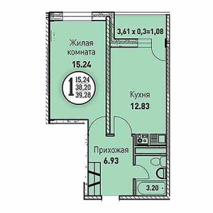 1 комнатная 39.28м²