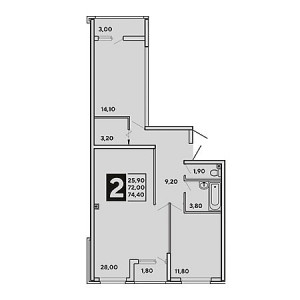 2 комнатная 74.4м²