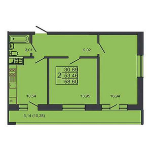 2 комнатная 58.6м²