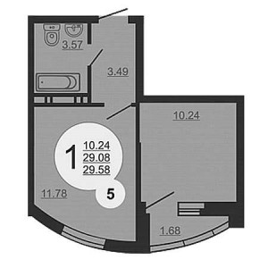 1 комнатная 29.58м²