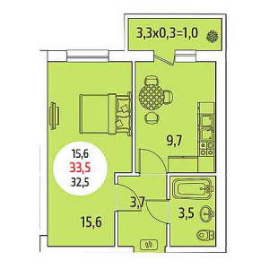 1 комнатная 33.5м²