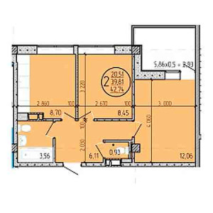 2 комнатная 42.74м²