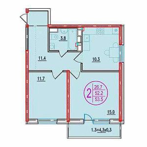 2 комнатная 53.5м²