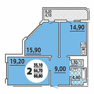 2 комнатная 68.8м²