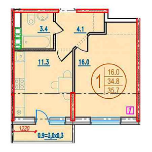 1 комнатная 35.7м²