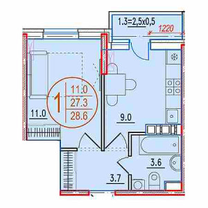 1 комнатная 28.6м²