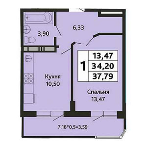 1 комнатная 37.79м²