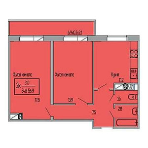 2 комнатная 56.9м²