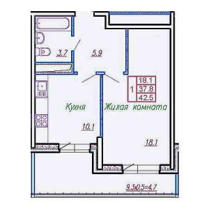 1 комнатная 42.5м²