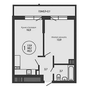 1 комнатная 40.3м²