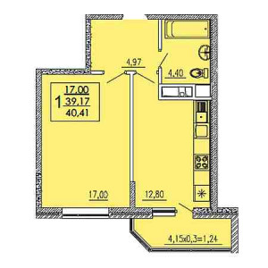 1 комнатная 40.41м²