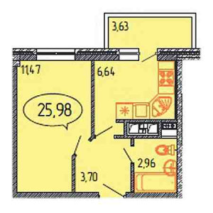 1 комнатная 25.98м²