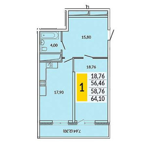 1 комнатная 64.1м²