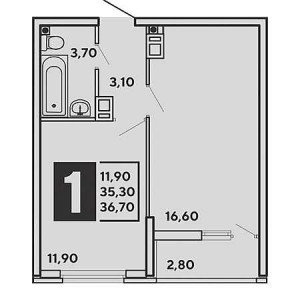 1 комнатная 36.7м²