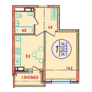 1 комнатная 34.1м²