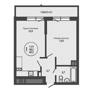 1 комнатная 40.3м²