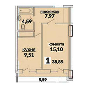 1 комнатная 38.85м²