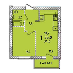 1 комнатная 35м²