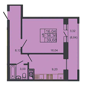 1 комнатная 39.68м²