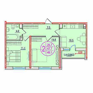 2 комнатная 49.1м²