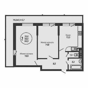 2 комнатная 64.3м²