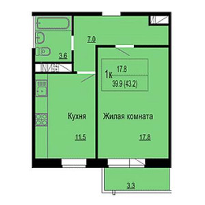 1 комнатная 43.2м²