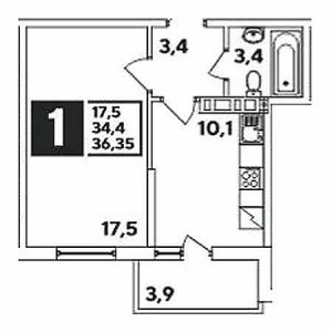 1 комнатная 36.35м²